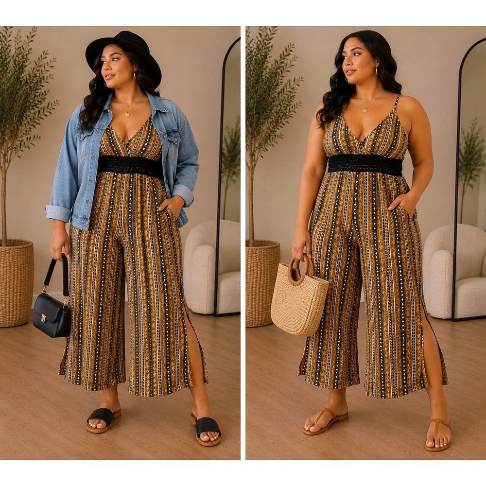 Yellow Romper XL Boho Striped Crochet Wide Slit Leg Jumpsuit Romper Vacay Hippie